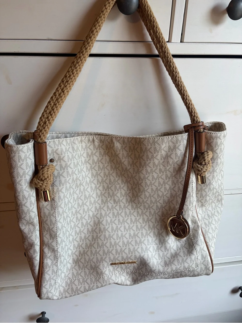 Michael Kors Cream and Tan MK Signature Rope-Handle Shoulder Bag